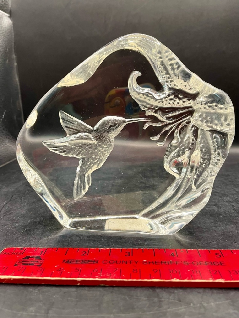 Hummingbird Etched Lead Crystal Art Glass Paper Weight Ice Block Vintage 5”x6”